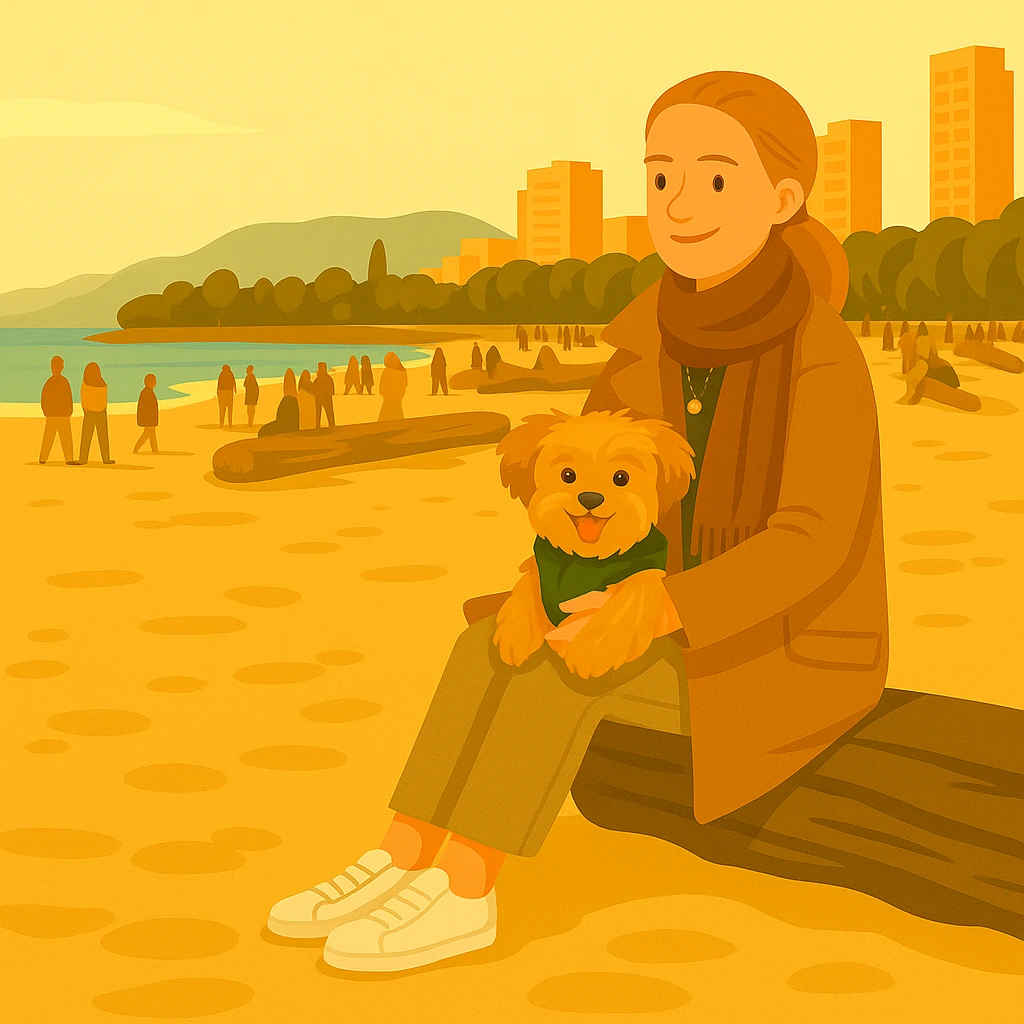 Illustration of a woman sitting on a log at the beach with a small dog, symbolizing personal beginnings and connection to nature