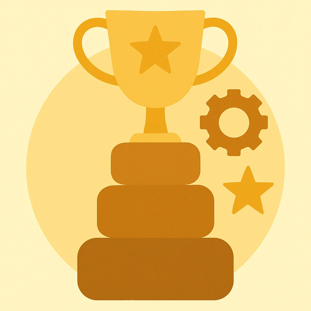 Illustration of trophy, gear, and stars representing corporate consulting and leadership training services
