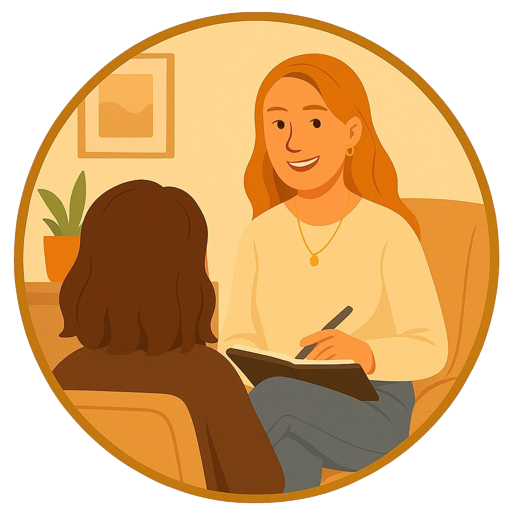 Illustration of a therapist and client in a counselling session, symbolizing trauma-informed, neurodiversity-affirming mental health services for adults