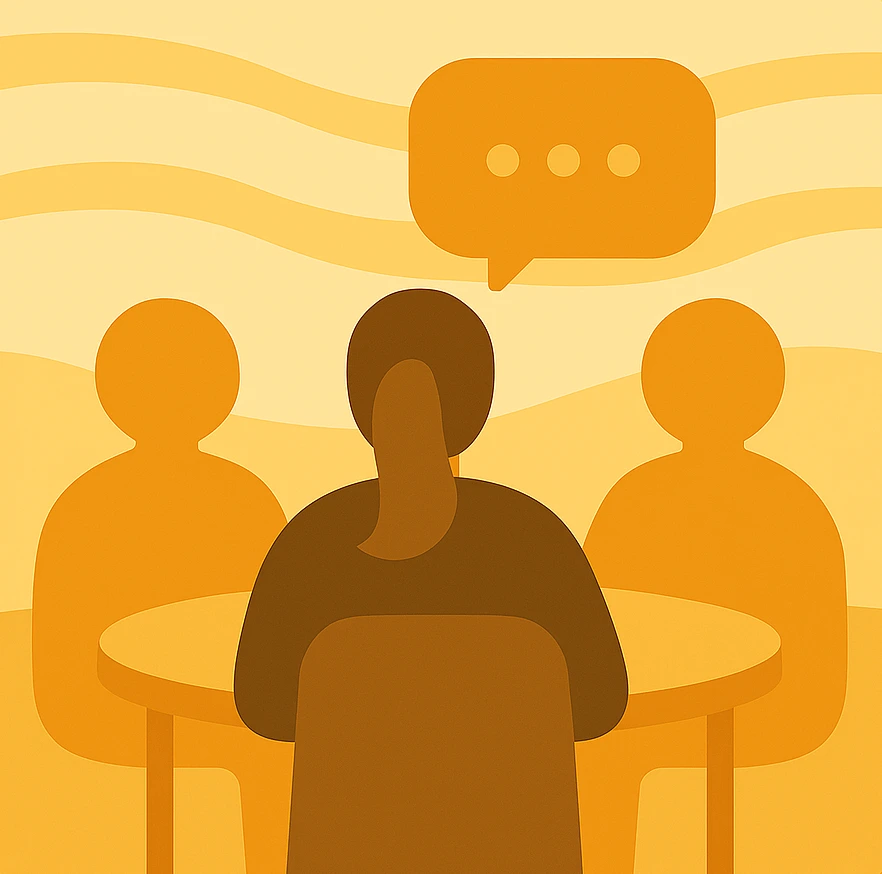 Illustration of group therapy session with four people sitting in a circle and a speech bubble above