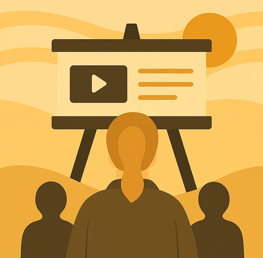 Illustration of attendees watching a presentation screen during a mental health workshop or webinar