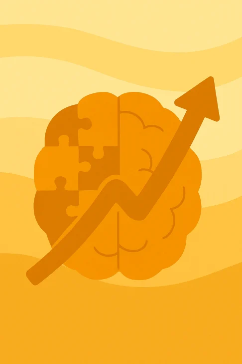 brain llustration of a brain with puzzle pieces and upward arrow symbolizing mental health growth and therapeutic progress